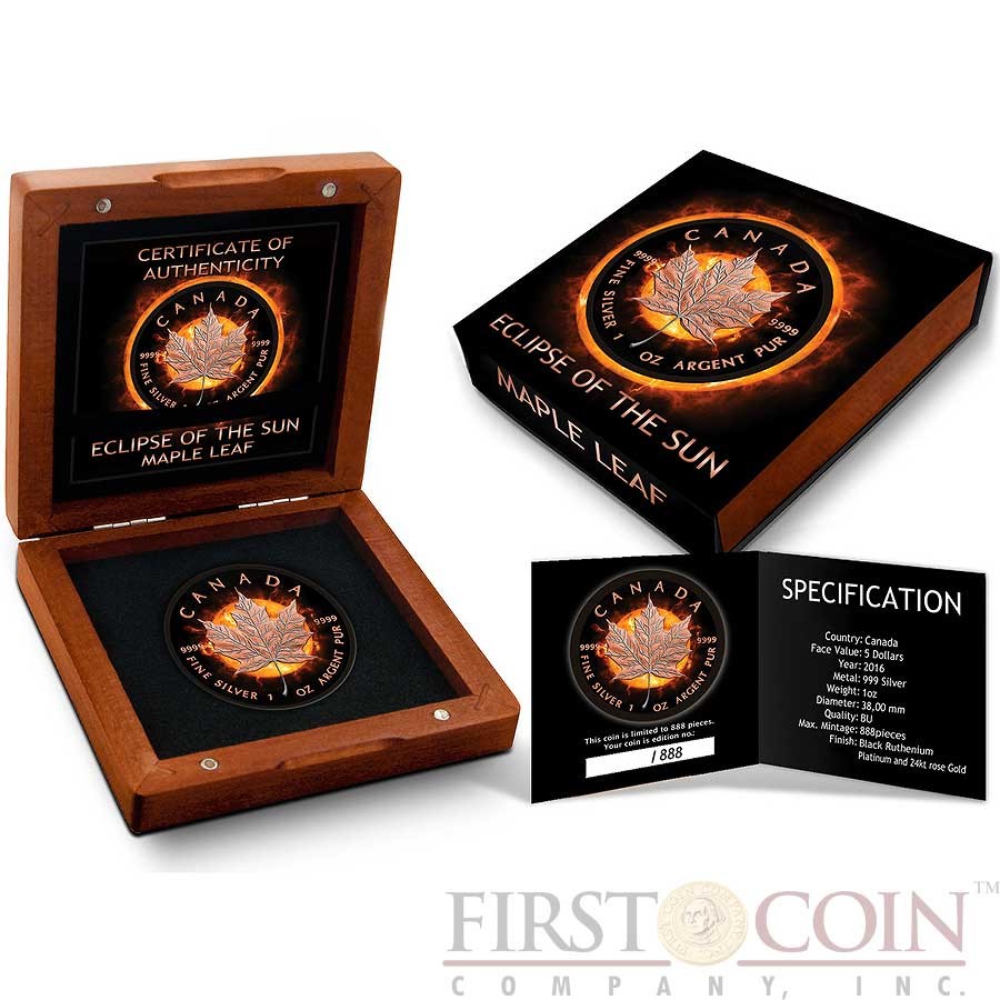 Canada ECLIPSE OF THE SUN $5 Canadian Maple Leaf Silver Coin 2016 Black Ruthenium & Rose Gold Plated 1 oz